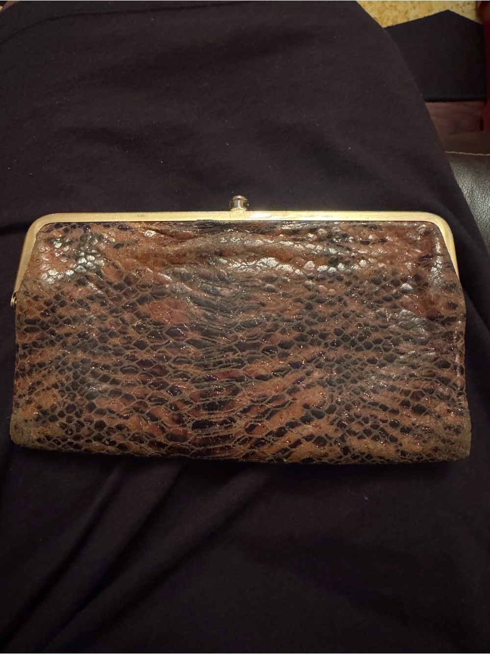 HOBO Brown Snake-Embossed Frame Clutch with Gold Trim